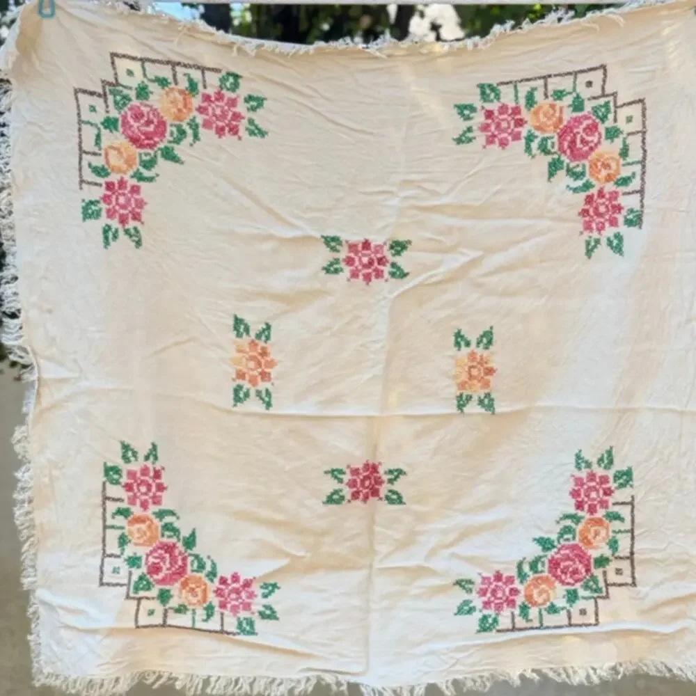Vintage Cross Stitch Linen Table Topper 32x32 Cottagecore Primitive Farmhouse